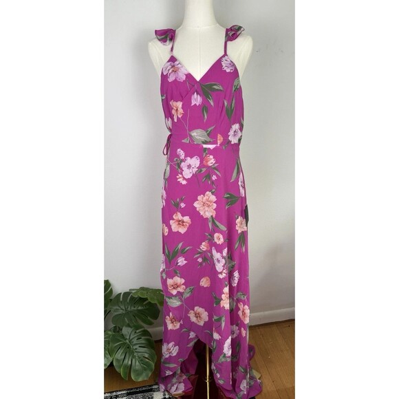 Lulus NWT All Mine Magenta Floral Print High-Low Wrap Dress XS beach Boho Event - Picture 1 of 14